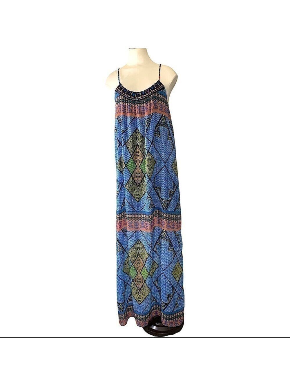 eight Sixty Blue Maxi Dress Beaded Collar Sz S Multicolor Summer Tribal Print